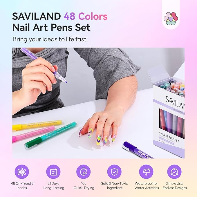 SAVILAND Essentials Nail Art Pens Set: 48 Colors Quick-Drying 3D Nail Polish Pens Acrylic Paint Markers for Nail Art Painting Drawing Liner Brush Dotting Tools Kit for Home DIY &amp Salon Manicure