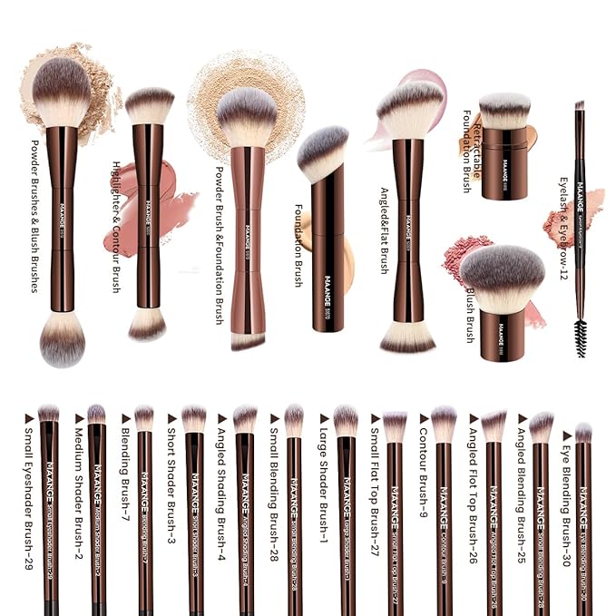 MAANGE 20 PCS Makeup Brush Set with Bag Double-ended Kabuki Brush Foundation Contour Brush for Liquid Powder Concealer Eye Shadows Cream Cosmetics Blending Blush Face Makeup Tools with Case (Coffee)