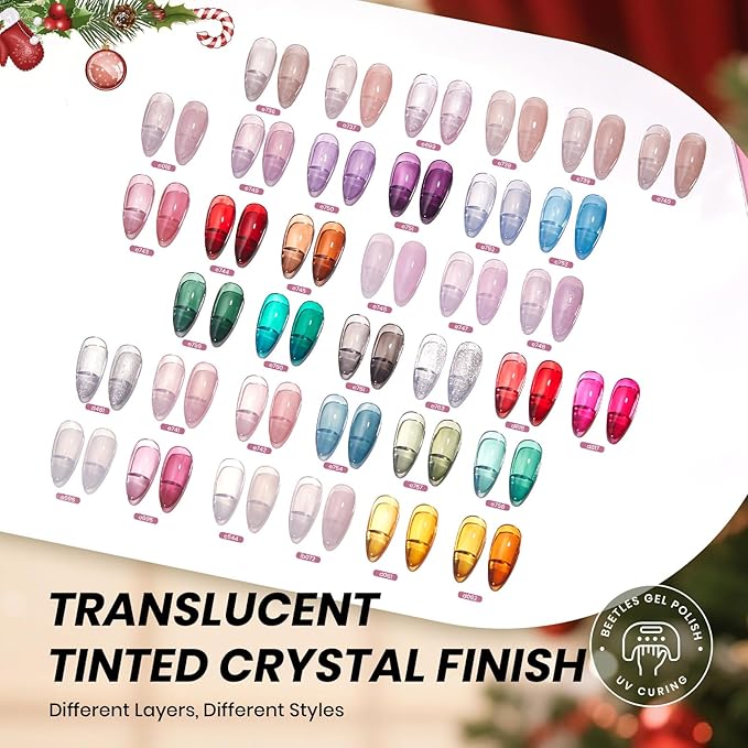 Beetles Frostglaze Veil Jelly Gel Nail Polish Set 53PCS 36 Colors Christmas Gel Nail Kit Nude Pink Milky White Red Black Blue Green Silver Cat Eye Base Glitter Glossy Matte Top Coat Gift for Women