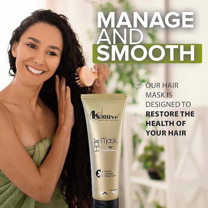 KALIVE Hair Mask for Deep Hydration &amp Repair - 8 oz. Keratin Collagen &amp Wheat Germ - Hair Care Products for Dry Damaged Hair.