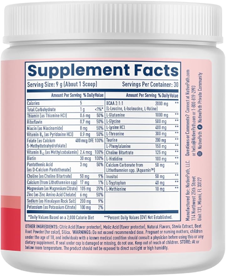 NativePath Native Hydrate Zero Sugar Electrolytes Powder with BCAAs Mixed Berry Hydration Keto &amp Paleo Friendly 30 Servings