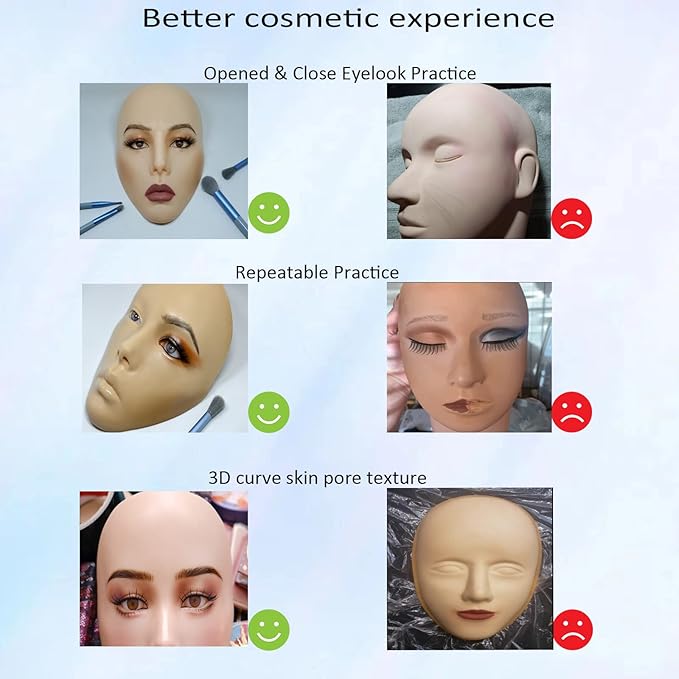3D makeup Practice Face Board Silicone Makeup Mannequin Face Reusable Beginner Practice Eye Makeup Face Eye Fake Silicone Makeup Artist Full Face Practice Eyelash Eye Shadow Eyeliner Pen Simulatio