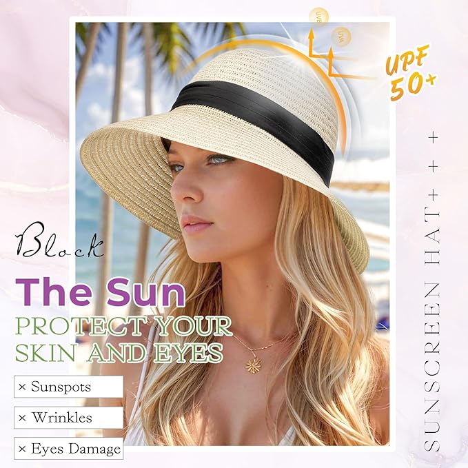 Sun Hat Straw Hat Wig Detachable Adjustable Cap with 12 Inch Synthetic Wavy Hair Extensions Foldable for Women Summer Beach Outdoors Dark Brown