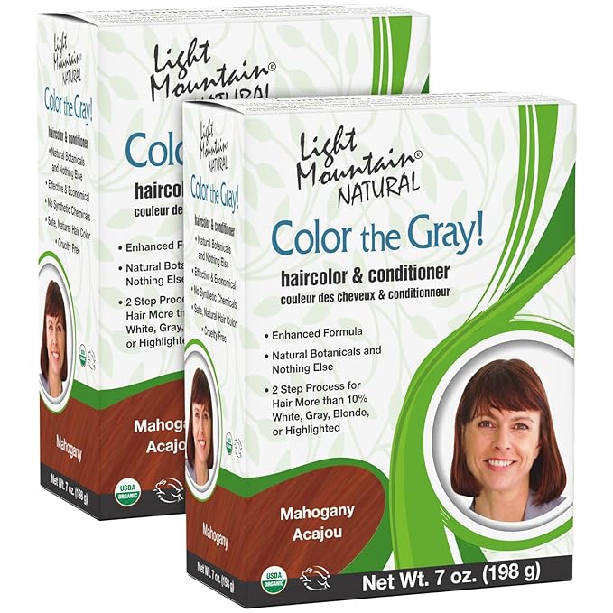Light Mountain Henna Hair Color &amp Conditioner Color the Gray - Mahogany Hair Dye for Men/Women 2-Step Chemical-Free Semi-Permanent Hair Color for White Gray and Blonde Hair 7 Oz (Pack of 2)