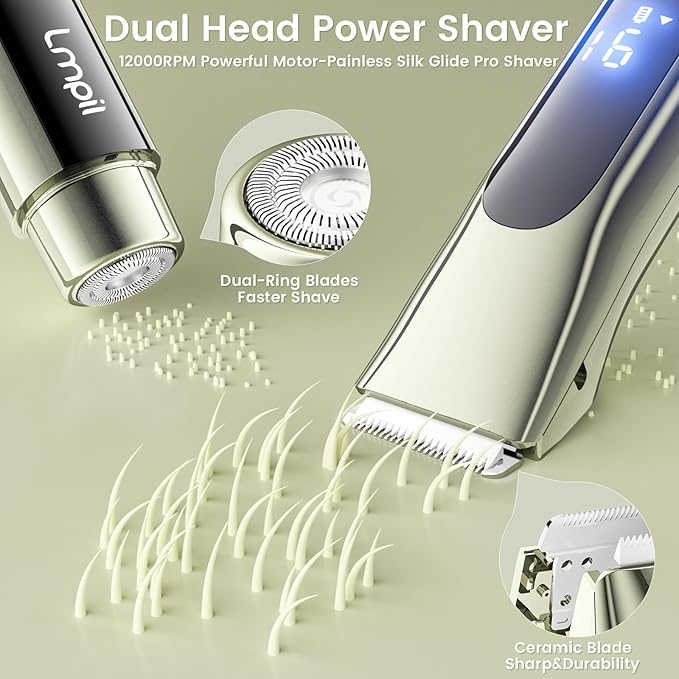 Bikini Trimmer for Women 2-in-1 Electric Razor with Dual Heads Ceramic Blade Waterproof &amp Rechargeable Painless Pubic Hair Shaver for Bikini Underarm Legs Face - MossGreen