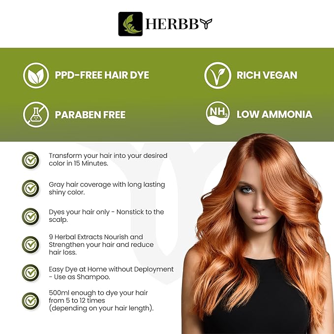 HERBBY Hair Color Shampoo for Gray Hair Coverage&ampColor Transform with 9 Herbal Extracts ?Long Lasting(6-8 Weeks)ShinyEvenly ColoredInstant Hair Dye Shampoo&ampConditioner500 Ml (GINGER CARAME