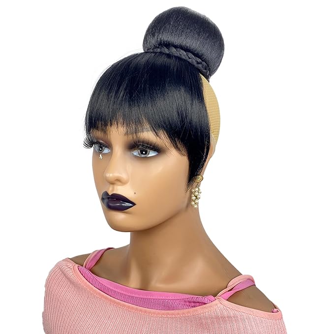 Hair Bun and Bang Set 2PCS Small Size Black Synthetic Braided Bun N Bang Clip in China Bang Hair Piece Hair Bun with Bangs for Black Women(J072S-1B#)