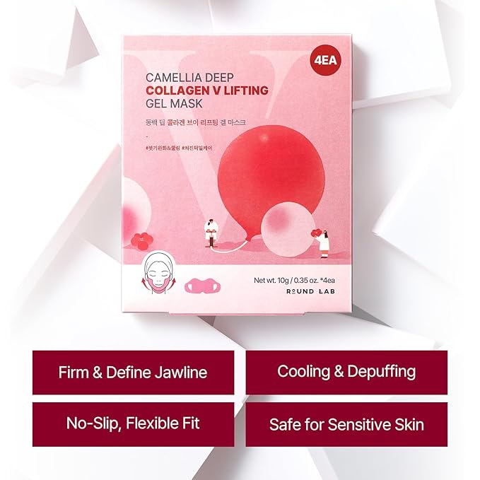 ROUND LAB Camellia Deep Collagen V Lifting Gel Mask 14ea | Double-chin Turkey Neck Instant Face Lifting Mask Cooling and Depuffing Face Toning Belt Firming Sagging Skin Korean Skin Care 10g/0.35oz