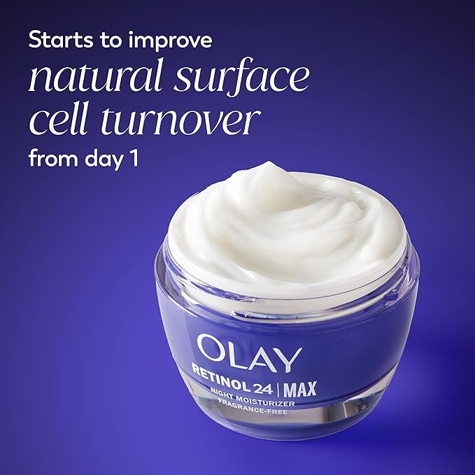 Olay Retinol Face Moisturizer 24 MAX Anti-Aging Night Cream for Women Fragrance-Free Non Greasy - Anti-Wrinkle Smooth Fine Lines Tightening Hydrating Skin Care - Peptides Glycerin 1.7 Oz