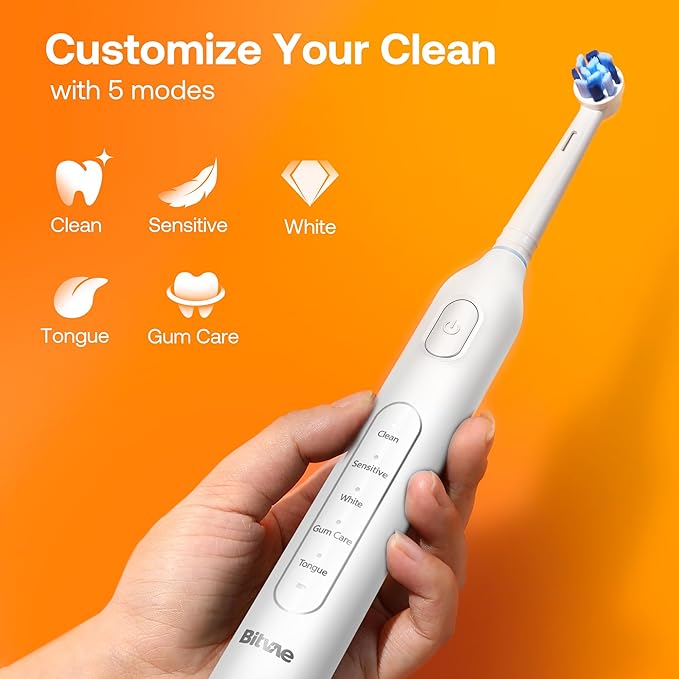Bitvae R1 Rotating Electric Toothbrush for Adults and Kids with 60-Day Battery Life 8 Brush Heads Rechargeable Power Toothbrush 5 Modes Brushing Timer White