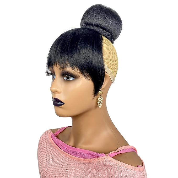 Hair Bun and Bang Set 2PCS Small Size Black Synthetic Braided Bun N Bang Clip in China Bang Hair Piece Hair Bun with Bangs for Black Women(J072S-1B#)