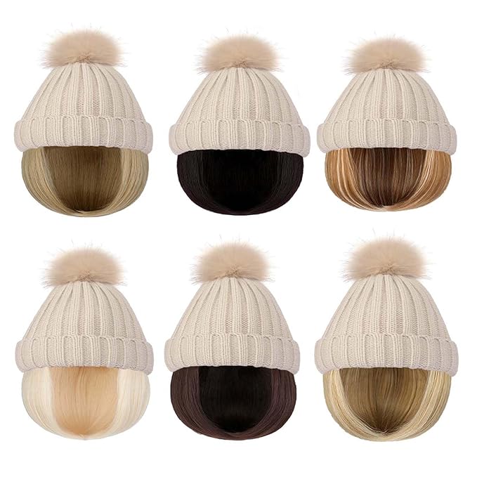YEKEYI Warm Knitted Beanie Hat with Hair Straight Hair Extension Synthetic Hairpiece Beanie Wig Hair Extensions