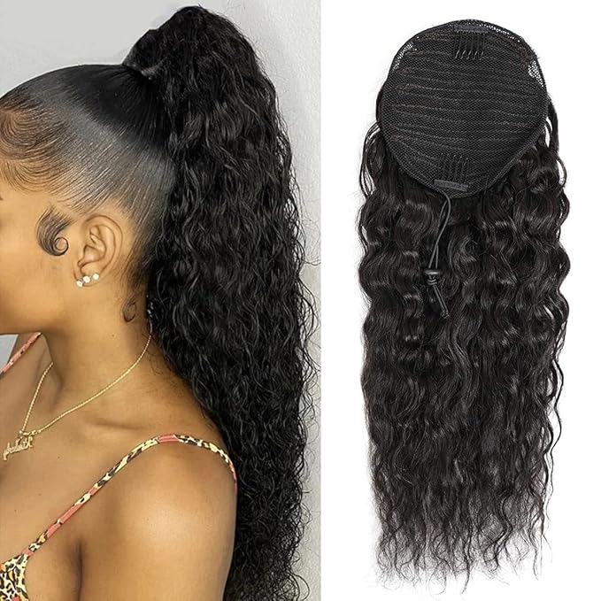 100% Human Hair Drawstring Ponytail Extension Water Wave in Natural Color 1B Corn Wave Ponytail Clip in Extensions for Black Women Full End Hair 18 Inch