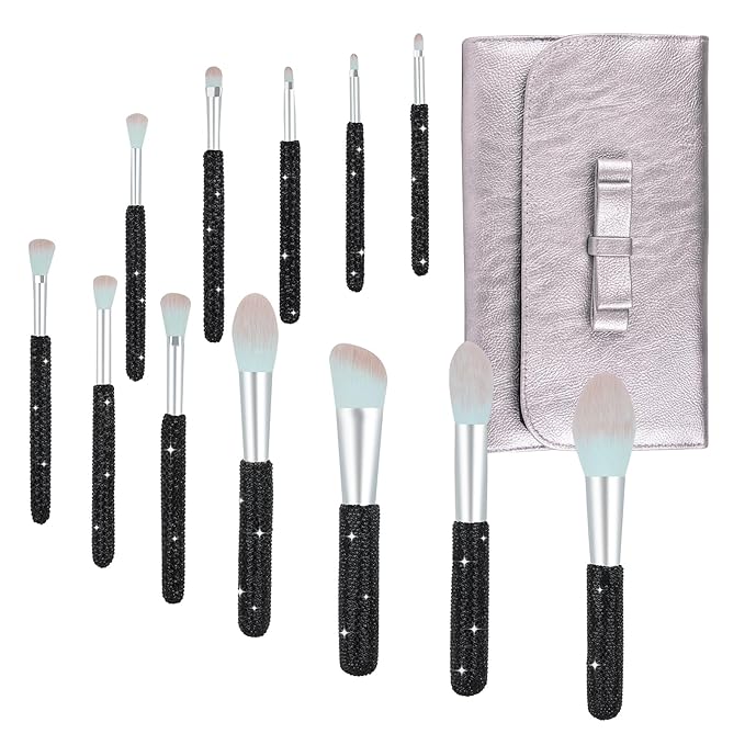 Makeup Brushes Bling Crystal Professional Face Cosmetics Blending Liquid Foundation Powder Concealer Eye Shadows Make Up Beauty Tool Glitter(12PCS) (Purely Handmade) (Black)