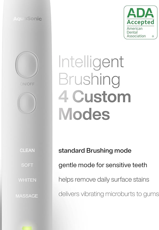 Aquasonic Vibe Series Ultra-Whitening Toothbrush ? ADA Accepted Electric Toothbrush - 8 Brush Heads &amp Travel Case ? 40000 VPM Motor &amp Wireless Charging - 4 Modes w Smart Timer ? Optic White