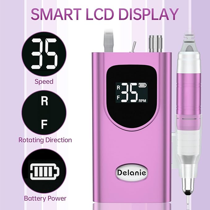 Delanie Professional Portable Electric Nail Drill Machine 35000 RPM Rechargeable Cordless Nail Filer Electric Nail File Efle for Dip Powder Acrylic Gel Nail Salon Nail Tool Violet