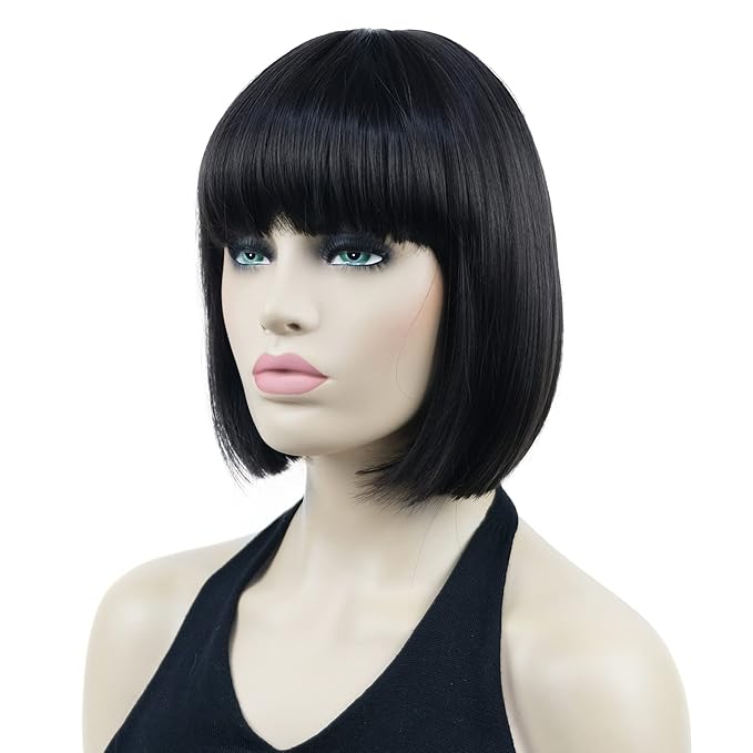 Lydell 8 Straight Short Bob Hair Flat Bangs Cute Central Dot Skin Top Heat Resistant Synthetic Wigs (4 Dark Brown)