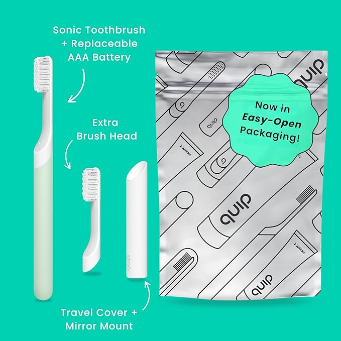 Quip Sonic Electric Toothbrush for Adults - Time Travel &amp Soft Bristles with Travel Case &amp Replacement Brush Head - 3 Month Battery Life Plastic Handle - Sage Green