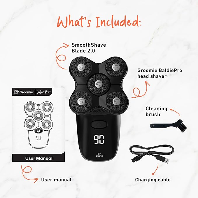 Groomie Cordless Bald Head Shavers for Men BaldiePro Head Grooming Starter Kit - Includes Ergonomic BaldiePro Head Shaver SmoothShave Blade 2.0 Cleaning Brush Charging Cable &amp User Manual