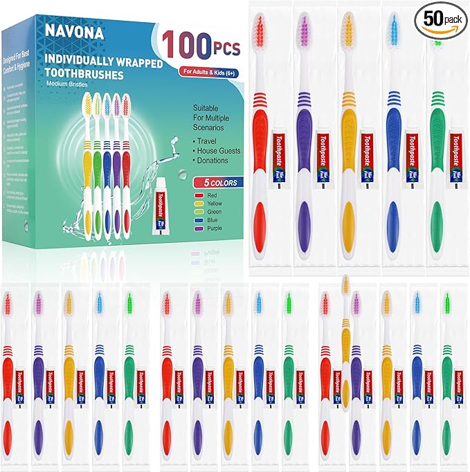 Navona 100 PCS Disposable Toothbrush with Toothpaste Bulk Travel Toothpaste Bulk Toothpastes Individually Wrapped Bulk Toothbrush Ergonomics HandleMedium Soft Bristle Perfect for Travel Hotel