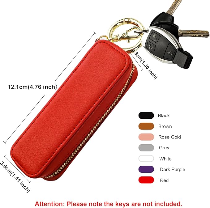 Bocasal Leather Lipstick Case Holder Chapstick Keychain Pouch Zipper Lip Balm Lip Gloss Bag for Purse with Key Chain Elastic Band Makeup Travel Organizer Cosmetic Storage Kit for Women Girls (Red)