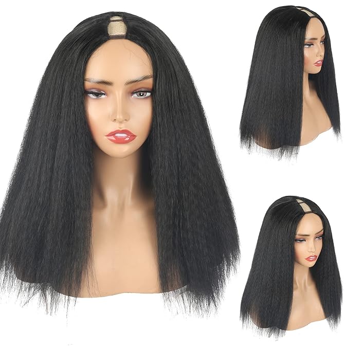 KRSI Kinky Straight V Part Wigs 20inch Synthetic Black U Part Wig Thin Leave Out Glueless V Part Half Wig Clip In Kinky Hair Wigs for Black Women