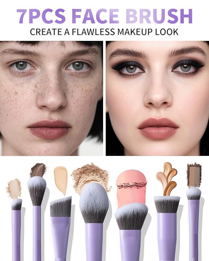 EIGSHOW Makeup Brushes Set 15Pcs Professional Make Up Brush with Silver Ion Bristles for Foundation Powder Blush Highlighter Concealer Eyeshadow Eyeliner Travel Gift Set (Matte Purple)