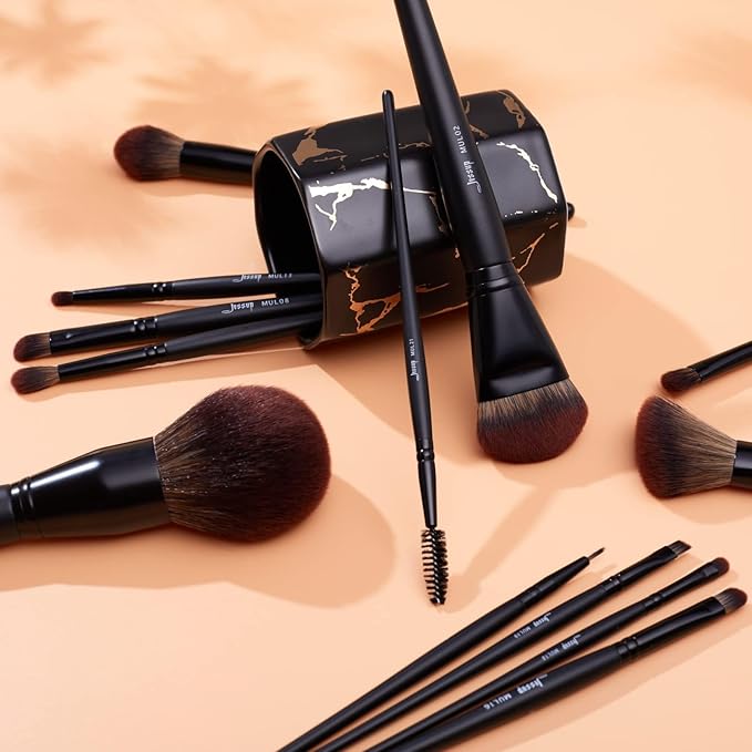 Jessup Full Makeup Brushes Set 13pcs Professional Vegan Foundation Powder Contour Blush Highlight Eyeshadow Blending Concealer Spoolie EyeLiner Brush Phantom Black T300