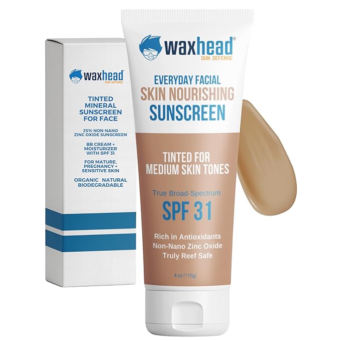 Waxhead Tinted Mineral Sunscreen for Face ? Sheer Glow BB Cream Moisturizer with SPF?31 Non-Nano Zinc Oxide Unscented Non?Comedogenic Mineral Facial Sunscreen Wear under Makeup (Medium Tint 4oz)