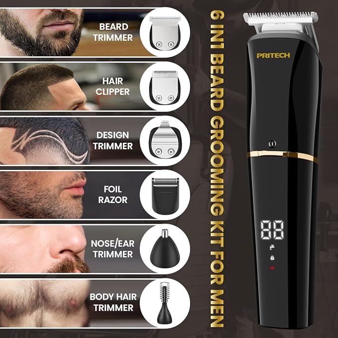PRITECH Beard Trimmer for Men6 in 1 Hair Clippers Kit Precision Cordless Grooming Kit Waterproof IPX6 for Beard Hair Body Nose Ear with Foil Razor (Black)