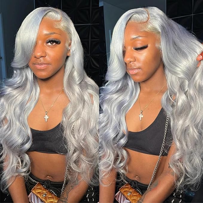 Grey Lace Front Wigs Human Hair 180% Density 13x4 HD Transparent Lace Frontal Wig Real Human Hair Pre Plucked Bleached Knots Gray Silver Color Brazilian Virgin Glueless Wigs for Black Women 20 Inch