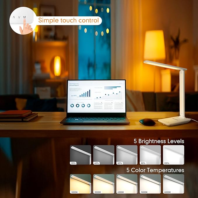 White crown LED Desk Lamp with 15W Wireless Charger &amp USB Port Dimmable Table Lamp with 5 Lighting Modes Sensitive Touch Control Foldable &amp Portable Desk Light for Home Office Bedroom Re
