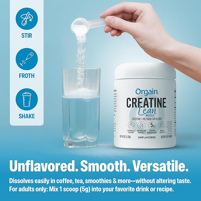 Orgain Micronized Creatine Monohydrate Lean Muscle Powder with Metabolism Blend Unflavored 50 Servings Supports Muscle Strength and Brain Health No Dairy or Soy Gluten Free Vegan