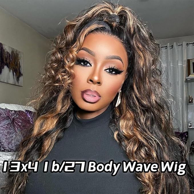 Blomas 22Inch 1b/27 lace front wig human hair 13x4 200% Density Body Wave Balayage Wig Human Hair HD Transparent Lace Glueless Wig Highlight Colored Wig Pre Plucked HD Lace Frontal Wigs
