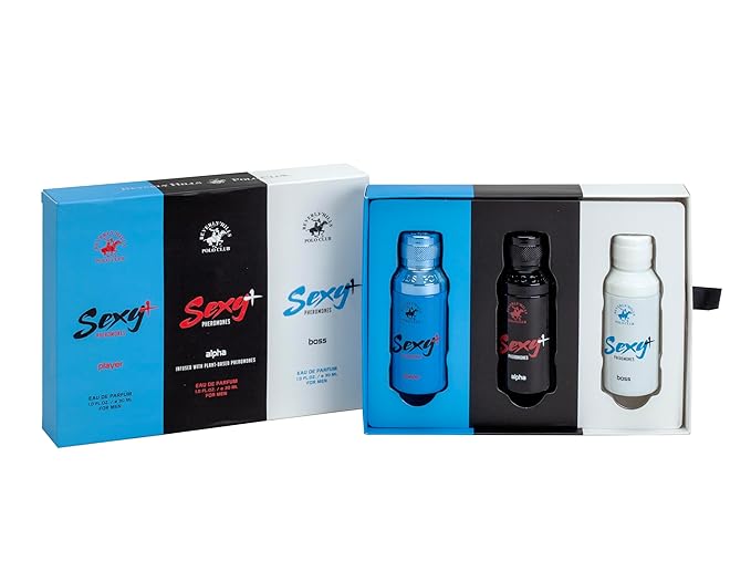 Beverly Hills Polo Club Sexy+ Pheromones Men's EDP Gift Set | 3x 1oz/30ml Slider Collection (PLAYER ALPHA BOSS) | Long-Lasting Travel Cologne for Him | Boost Confidence &amp Attraction