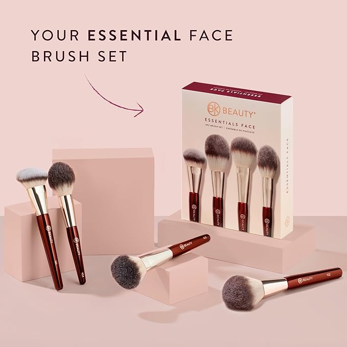 BK BEAUTY - ESSENTIALS FACE BRUSH SET (4PC) - Professional Makeup Brush Set for Liquid or Cream Foundations Powder Bronzer Blush | Premium Makeup Brushes for Flawless Application