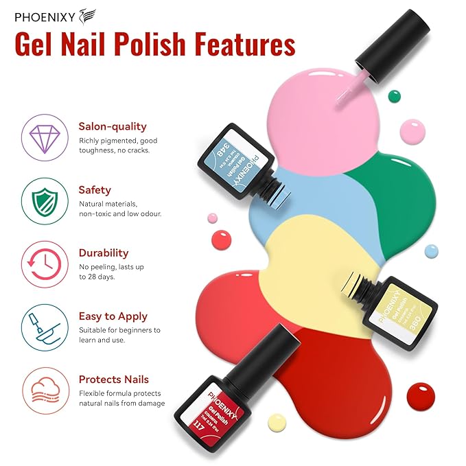 PHOENIXY 71 Pcs Gel Nail Polish Kit with U V Light 55 Colours Gel Polish with 5 Pcs Base Top Coat Manicure Starter Nail Polish Set Christmas Gifts for Women ST9018