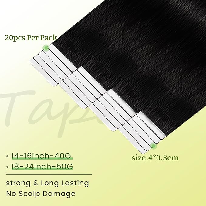DNE Tape in Hair Extensions Real Human Hair 20 inches 20Pcs/50g/Pack Seamless #1 Jet Black Dark Color Straight Invisible Double Sided Tape in Hair Extensions for Women/Girls Can Bleached and Curl
