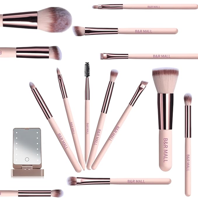 B&ampR MALL Makeup Brush Set with LED Mirror ? Supper soft Brushes for Flawless Foundation Concealer Eyeshadow &amp More | Lightweight Versatile Perfect for On-the-Go Touch-Ups (Champagne Gold)