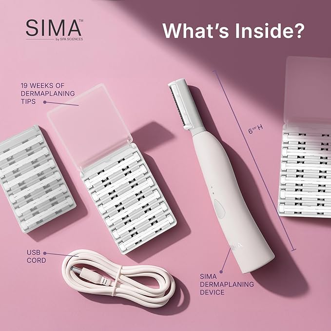 SPA SCIENCES - SIMA Patented Dermaplane Razor for Women Face ? Painless 2-in-1 Facial Exfoliation &amp Peach Fuzz Hair Removal ? Anti-Aging ? 3 Speeds ? Rechargeable ? 19 Weeks Treatment
