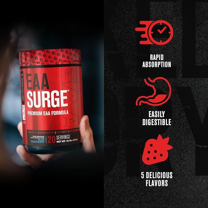 Jacked Factory EAA Surge Essential Amino Acids Powder - EAAS &amp BCAA Intra Workout Supplement w/L-Citrulline Taurine &amp More for Muscle Building Strength Endurance Recovery - Pineapple 20s