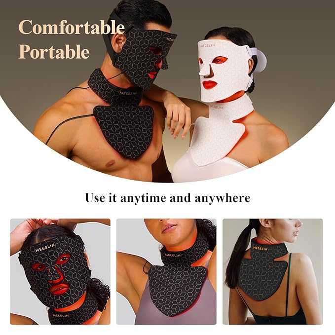 MEGELIN Led Red Light Therapy Face &amp Neck Mask 7 Colors Led Light Therapy Facial Mask Infrared Red Light Therapy Mask Infrared Light Skin Rejuvenation(Black)