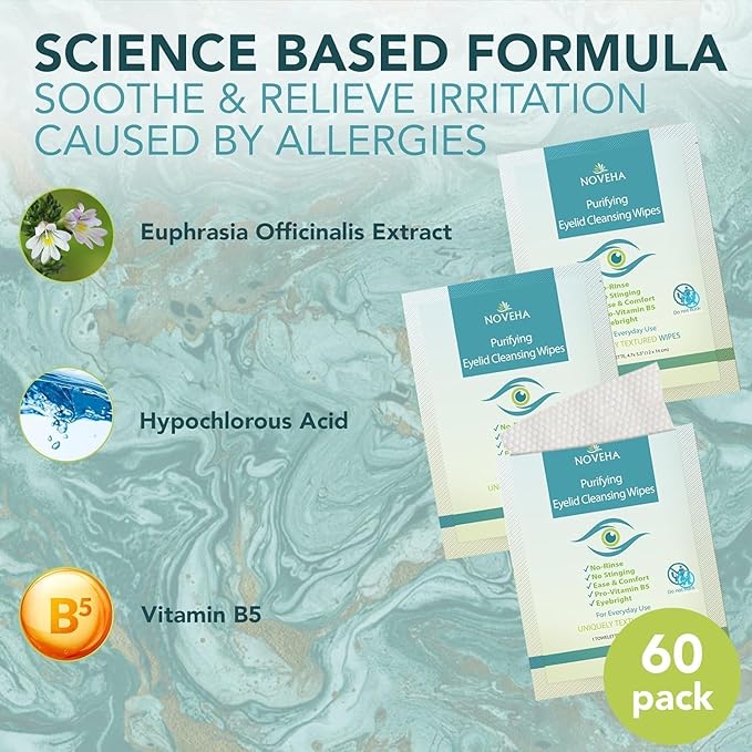 NOVEHA 120PCs Eyelid &amp Lash Wipes | For Itchy Dry Eyes Styes &amp Blepharitis | Gentle Refreshing Eye Scrub Cleansing Wipes Hypoallergenic &amp Soothing For Sensitive Eyes | Vegan Face Moistu