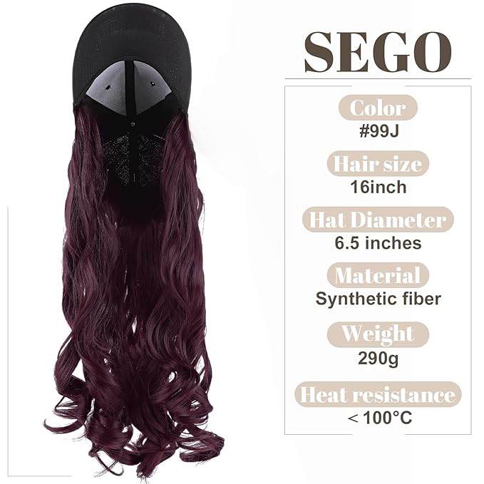 SEGO Baseball Cap with Hair Extensions for Women Heat Resistant Synthetic 16 Inch Adjustable Long Wavy Hairpiece Replacement Wigs in Hat for Girls99J