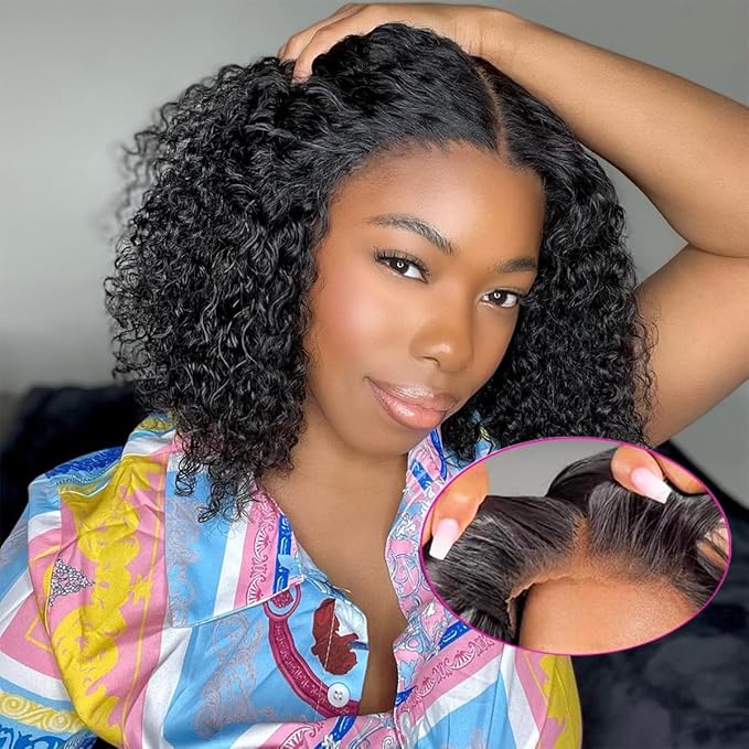 Wear and Go Glueless Curly Bob Wig Human Hair 4x4 Lace Closure Wigs Brazilian Virgin Human Hair Wigs for Black Women Wet and Wavy Deep Curly Pre Plucked Pre Cut(14 Inch)