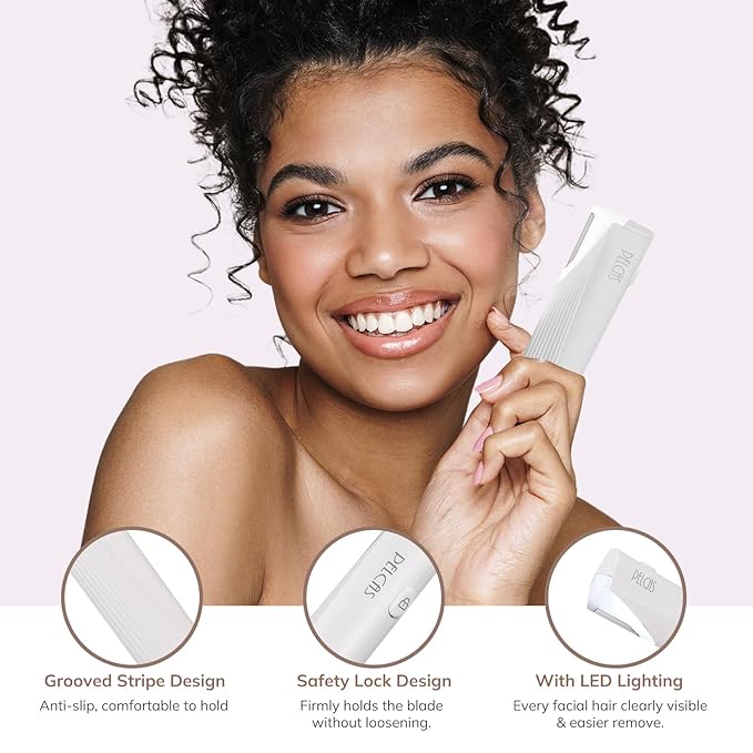 PELCAS Electric Dermaplaning Tool for Face with LED Light Mini Facial Dermaplaning Razor Kit Painless 3 Speeds Facial Peach Fuzz &amp Hair Removal at Home for Women with 6 Blades Off White