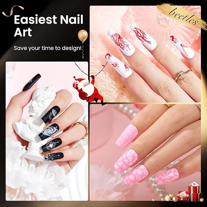 Beetles Nail Stamp Gel 16Pcs French Tip Nail Stamp Kit with 8 Colors Stamper Gel Polish 5 Nail Stamping Templates Scrapers Liquid Latex &amp Short Silicone Stamper Gift for Women
