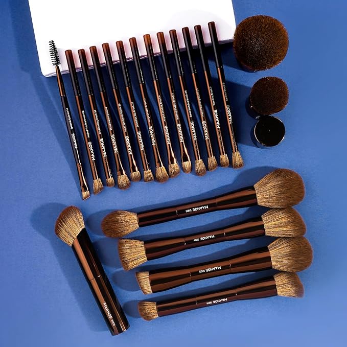 MAANGE 20 PCS Makeup Brush Set with Bag Double-ended Kabuki Brush Foundation Contour Brush for Liquid Powder Concealer Eye Shadows Cream Cosmetics Blending Blush Face Makeup Tools (Brown)