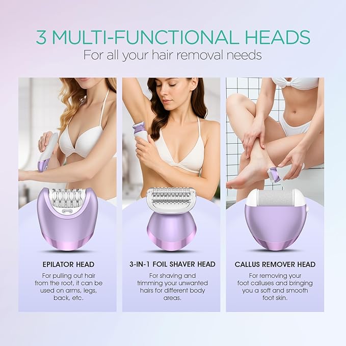 VOYOR Epilator for Women Cordless Epilators Hair Removal for Women 3 in 1 Hair Removal Device for Leg Arm Face with 30 Tweezers Rechargeable Wet &amp Dry Electric Lady Shaver &amp Trimmer BM300 (