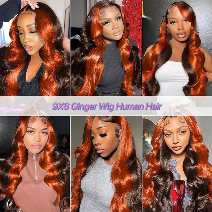 200% Density Wear And Go 9x6 Glueless Wigs Human Hair Pre Plucked Pre Cut For Beginners Ginger Body Wave Lace Front Wigs Human Hair For Black Women HD Lace Closure Colored Glueless Wig(30 INCH)